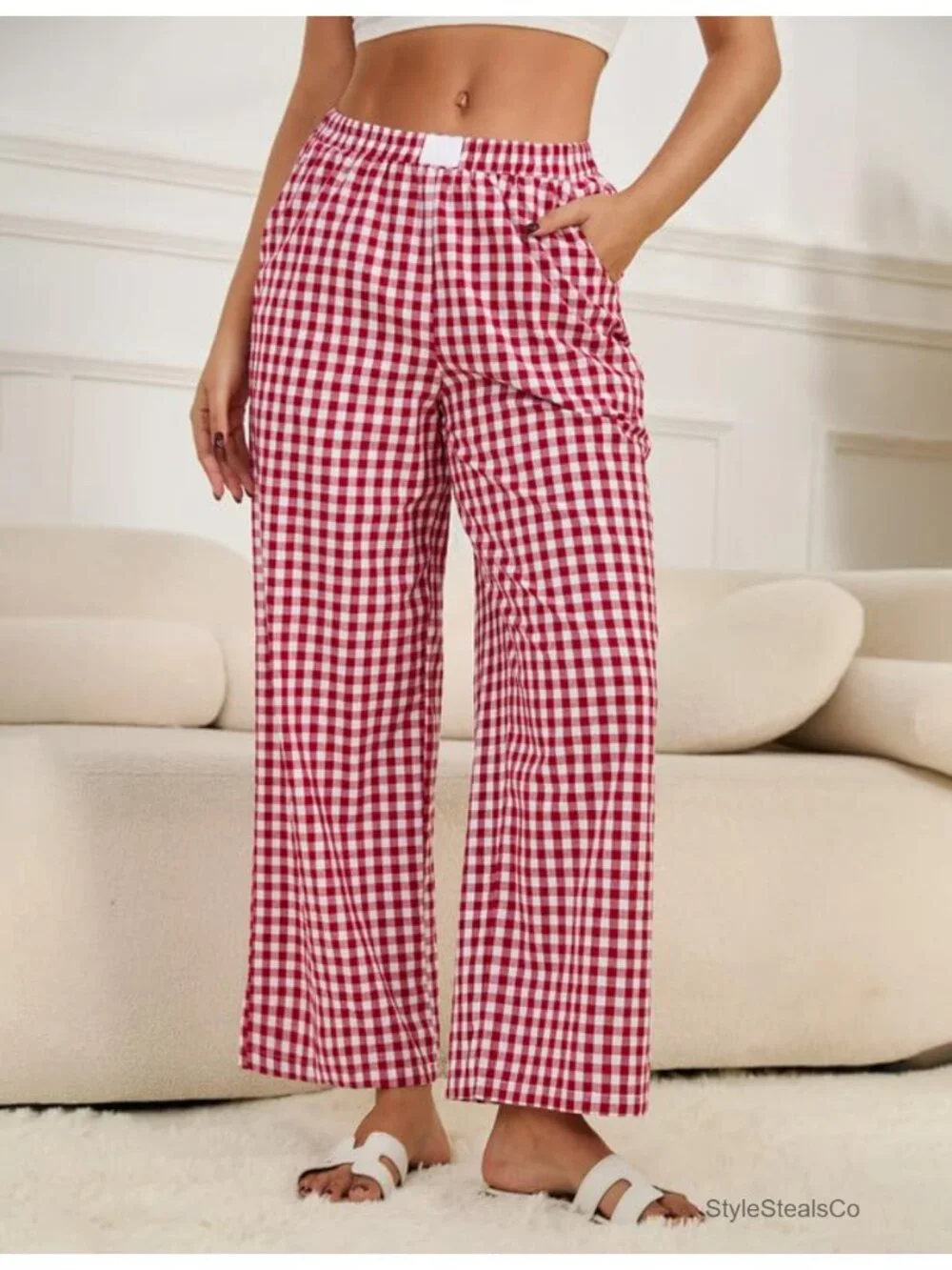 Wide Leg Plaid Pajama Bottoms with Pockets Cotton Blend